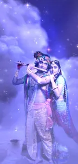 Krishna and Radha in a mystical purple sky wallpaper.