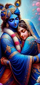 Divine figures embracing in vibrant blue tones with floral accents.