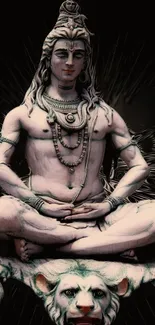 Lord Shiva meditating on a lion's skin against a black background.