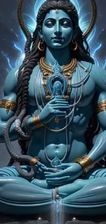 Serene deity in meditation pose with glowing aura, showcasing divine calmness.