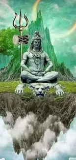 Shiva in meditation on a mystical island with vibrant green scenery.