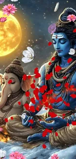 Serene wallpaper of Lord Shiva and Ganesha with moon and flowers.