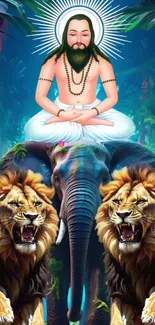 Divine figure meditating on elephant with lions in a jungle scene.