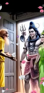 Artistic depiction of a divine meeting with Hindu deities in vibrant colors.