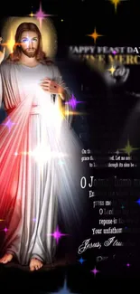 Divine Mercy wallpaper with celestial lights and inspiring text.