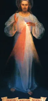 Divine Mercy image showing Jesus with rays of light on a dark blue background.