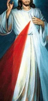 Divine mercy image with blue and red lights.