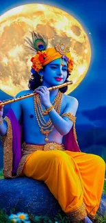 Lord Krishna sitting under a full moon, playing a flute in a serene landscape.