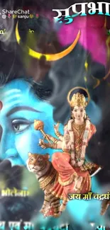 Divine blue morning wallpaper with spiritual deities and serene details.