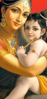 Artwork of a divine mother embracing her child with a vibrant orange background.