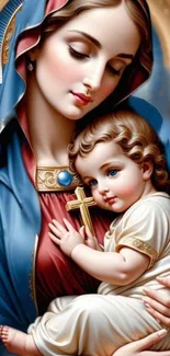 Divine artwork of a serene mother holding a child, symbolizing love and purity.