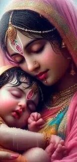 Divine mother holding child in vibrant artwork.