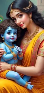 Divine mother and child with vibrant colors and traditional attire.