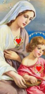 Illustration of a divine mother with a child, adorned with hearts.