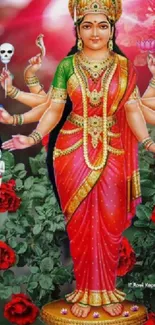 Vibrant multi-armed goddess in red sari amid roses.