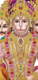 Illustration of multifaced Lord Hanuman with intricate golden ornaments.