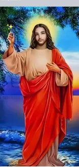 Jesus in a serene natural setting mobile wallpaper.