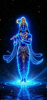 Neon blue Krishna playing flute in divine glow.