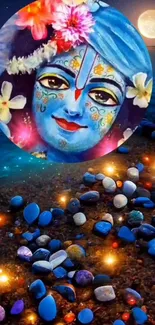 Vibrant blue and mystical divine face with moonlit stones.