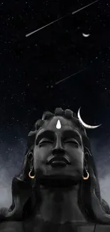 Serene statue with night sky and crescent moon in mobile wallpaper.