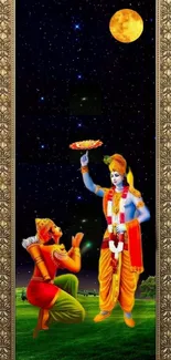 Divine night scene with traditional Indian art and cosmic sky.