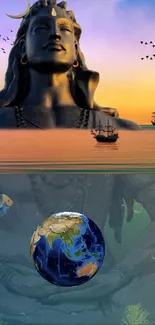 Shiva meditating above ocean with sailing ships and Earth underwater.