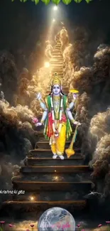 A divine figure ascends heavenly stairs in glowing light.