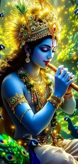 A divine figure playing a flute among vibrant peacocks.