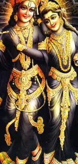 Radha and Krishna in vibrant golden attire, embracing divine love.