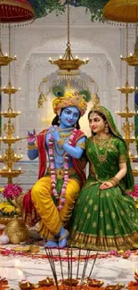 Beautiful Radha Krishna artwork with floral decor.