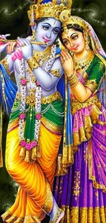 Radha Krishna in vibrant divine artwork with colorful attire and serene presence.