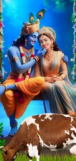 Radha Krishna sitting on a swing with a cow, vibrant and spiritual.