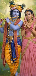 Radha and Krishna in colorful attire set against a serene forest background.