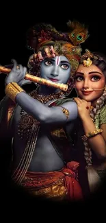 Radha Krishna playing flute in artistic mobile wallpaper.