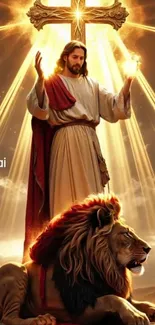 Radiant figure with lion and glowing cross.
