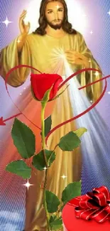 Divine figure with golden glow, red rose, and heart-shaped arrow.