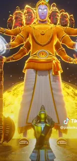 Multi-armed deity against a golden glow in a celestial-themed wallpaper.