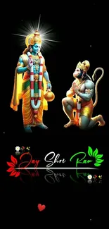 Lord Ram and Hanuman in vibrant colors on a black background mobile wallpaper.