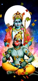 Vibrant artwork of Rama and Hanuman with cosmic background for mobile wallpaper.