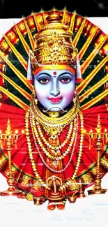 Vibrant Hindu deity with golden details on a red background.