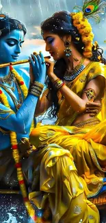 Vibrant Krishna and Radha artwork wallpaper.