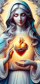 Divine woman holding a glowing heart in a spiritual artwork.