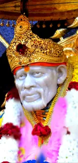 Sai Baba adorned with a golden crown, vibrant and divine.