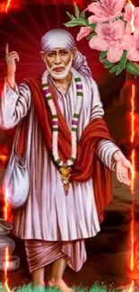 Sai Baba standing with a serene aura and vibrant flowers.