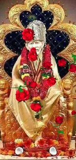 Sai Baba wallpaper with blue background and golden leaves.