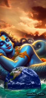 Serene blue divine figure amidst cosmic clouds and vibrant earth.