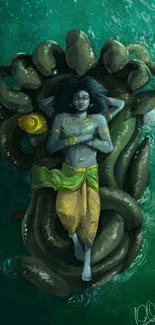 Serene deity in artistic mobile wallpaper, surrounded by tranquil teal waters.