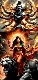 Vibrant divine deities on fiery mobile wallpaper.