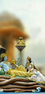 Artistic depiction of Hindu deities with serene background on mobile wallpaper.