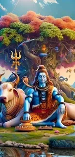 Shiva and Nandi under a vibrant, lush tree in serene harmony.